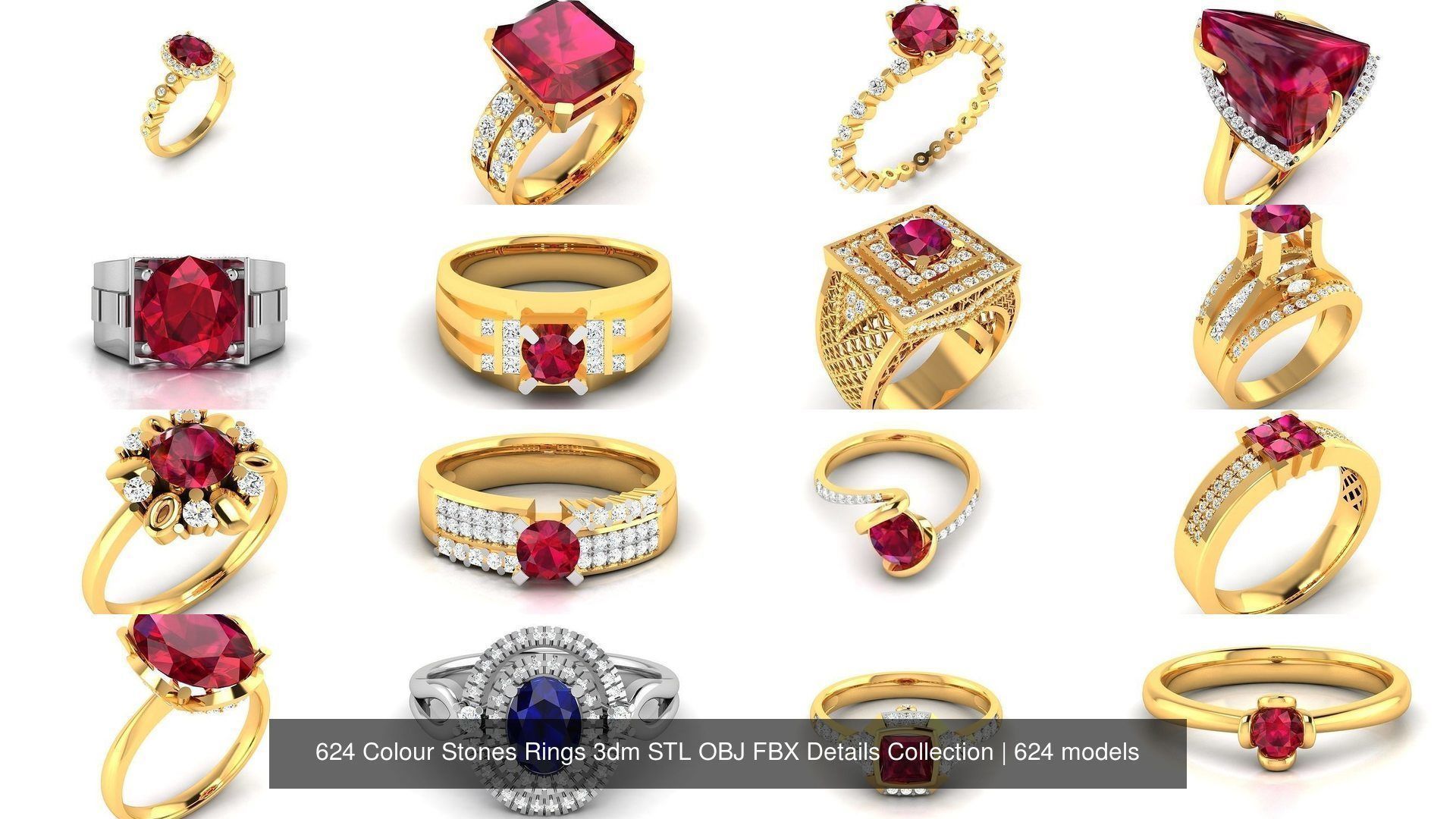 624 Colour Stones Rings 3dm STL OBJ FBX Details Collection _117