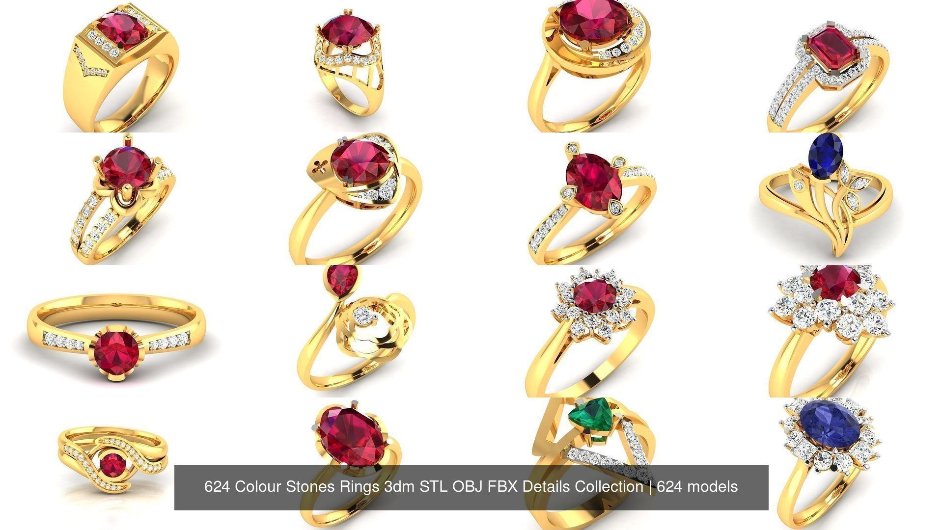 624 Colour Stones Rings 3dm STL OBJ FBX Details Collection _132