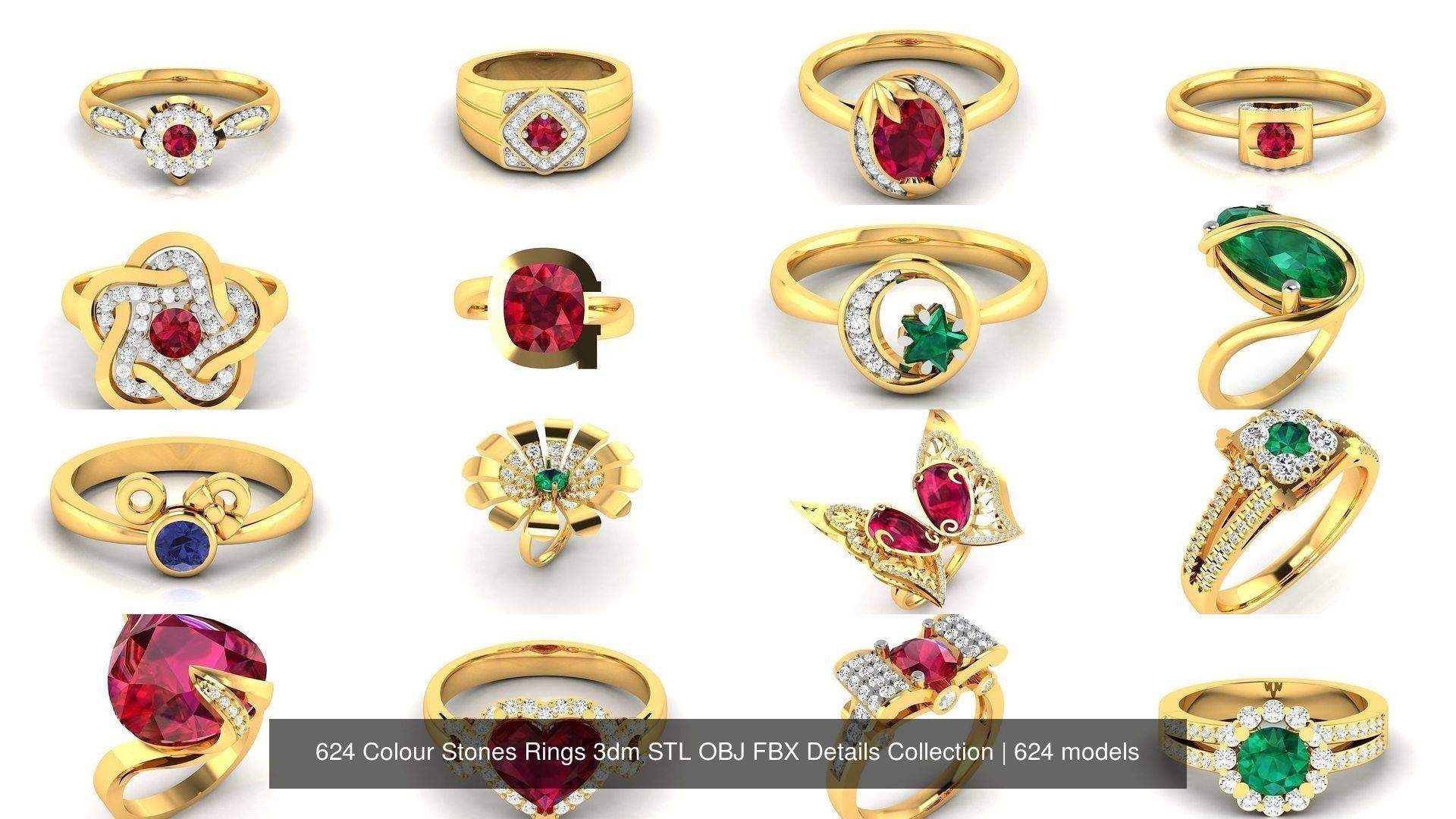 624 Colour Stones Rings 3dm STL OBJ FBX Details Collection _62