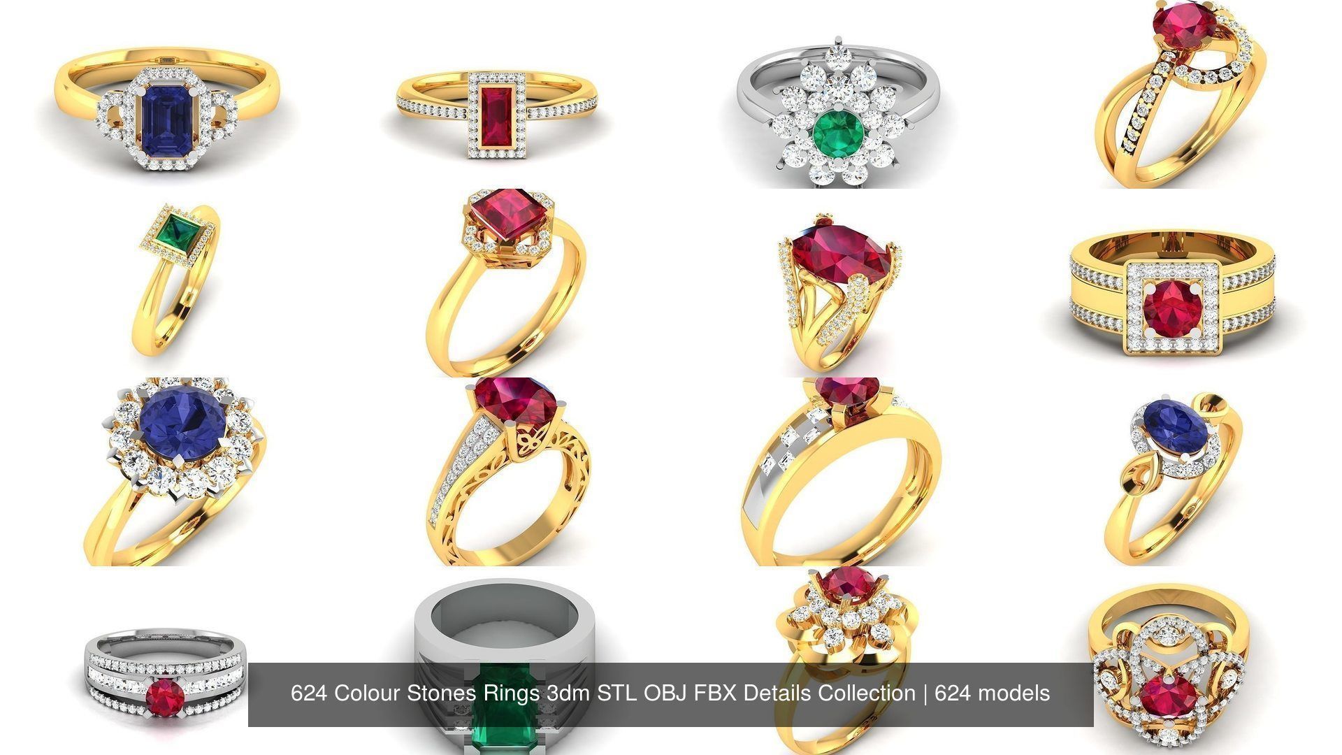 624 Colour Stones Rings 3dm STL OBJ FBX Details Collection _66