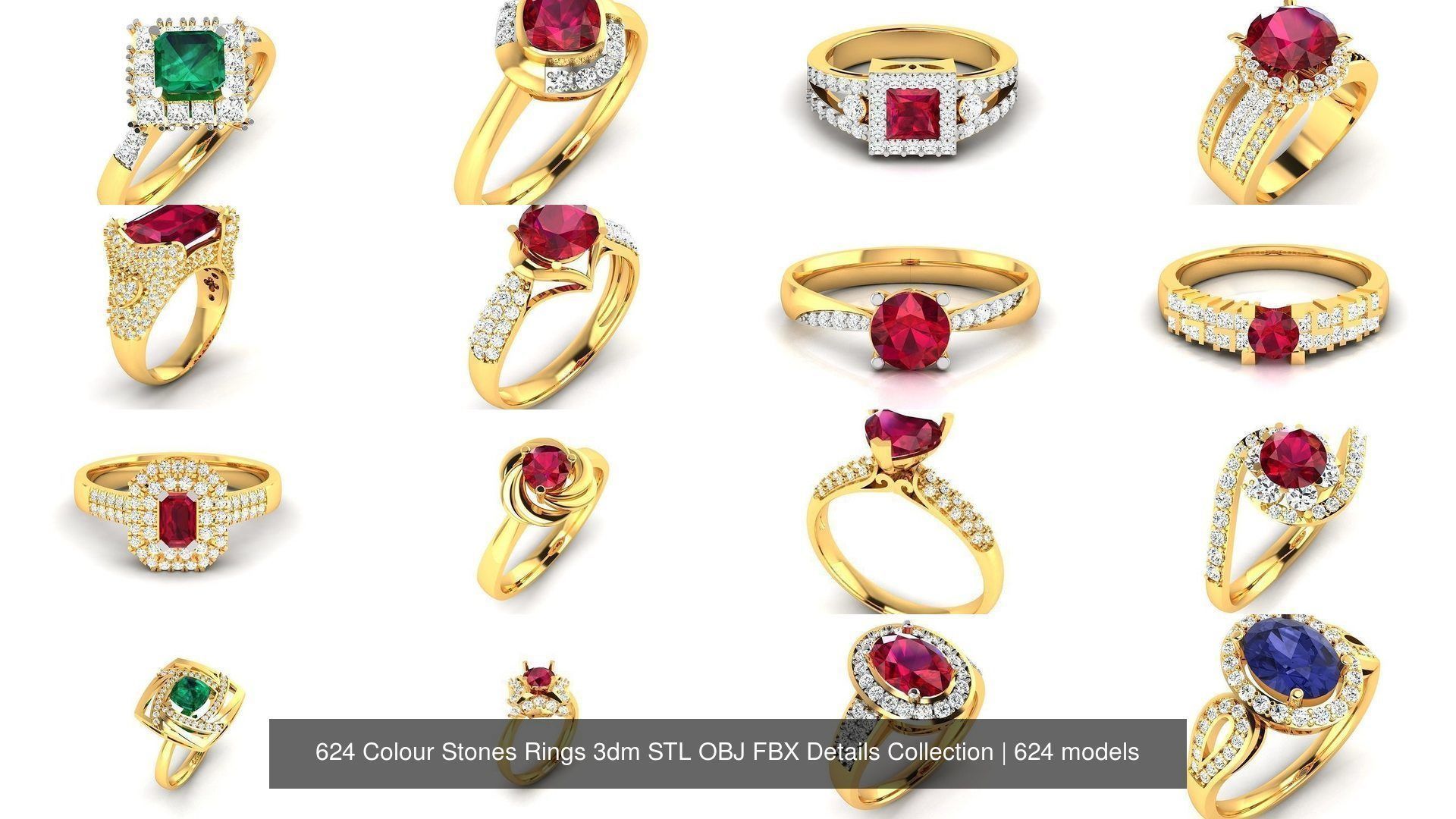624 Colour Stones Rings 3dm STL OBJ FBX Details Collection _135