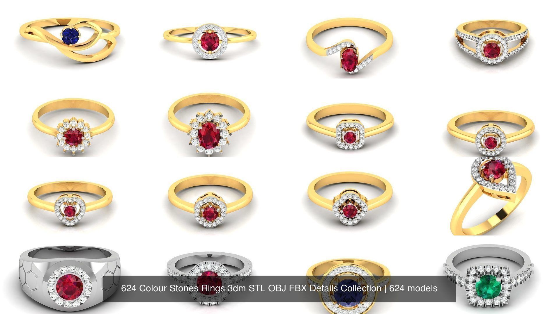 624 Colour Stones Rings 3dm STL OBJ FBX Details Collection _10