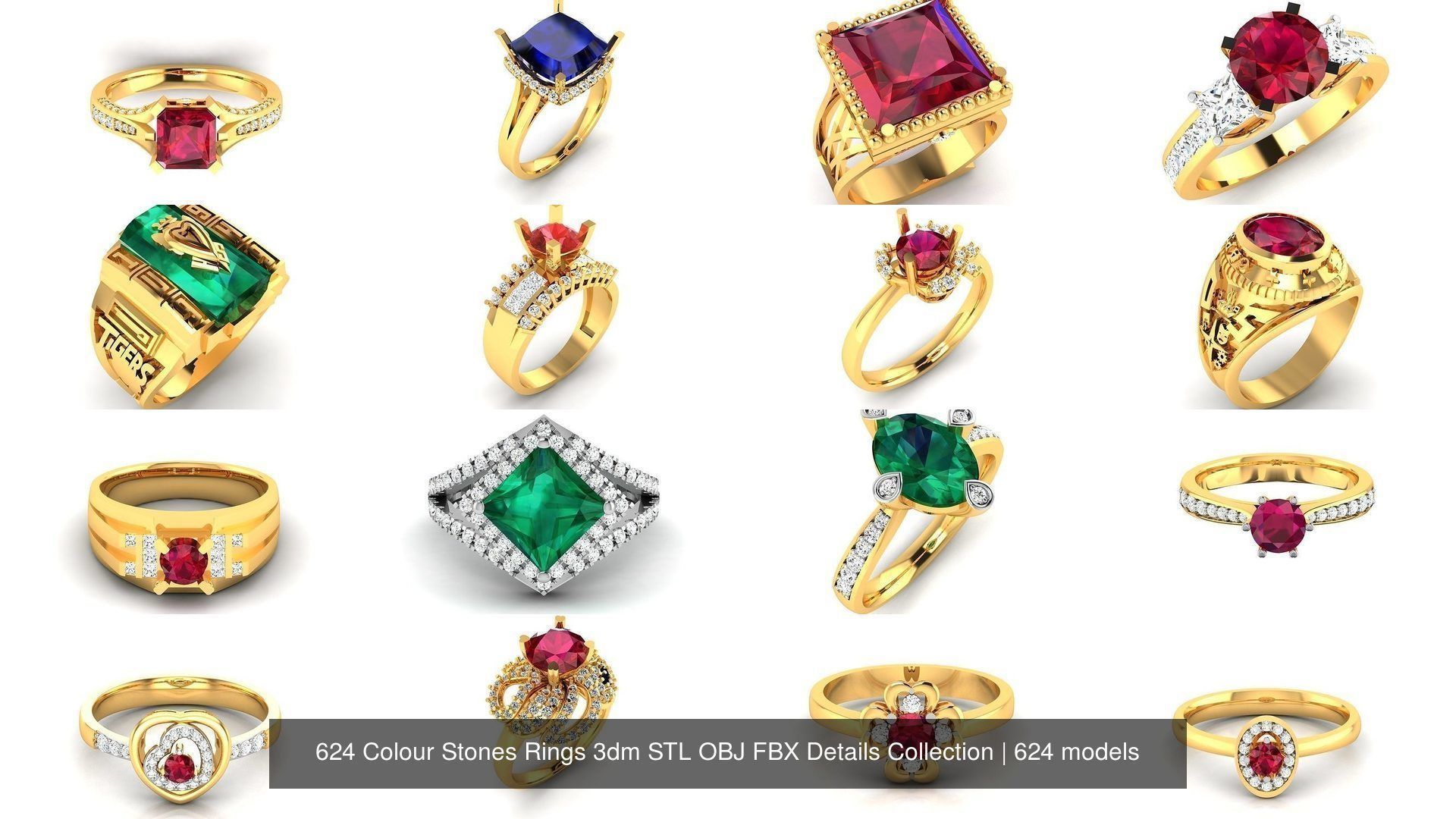 624 Colour Stones Rings 3dm STL OBJ FBX Details Collection _87