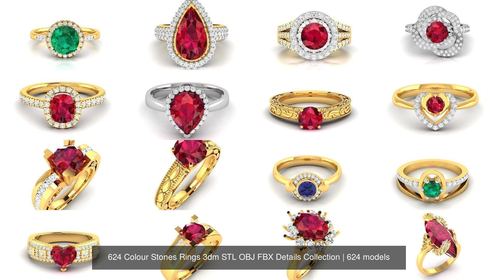 624 Colour Stones Rings 3dm STL OBJ FBX Details Collection _111