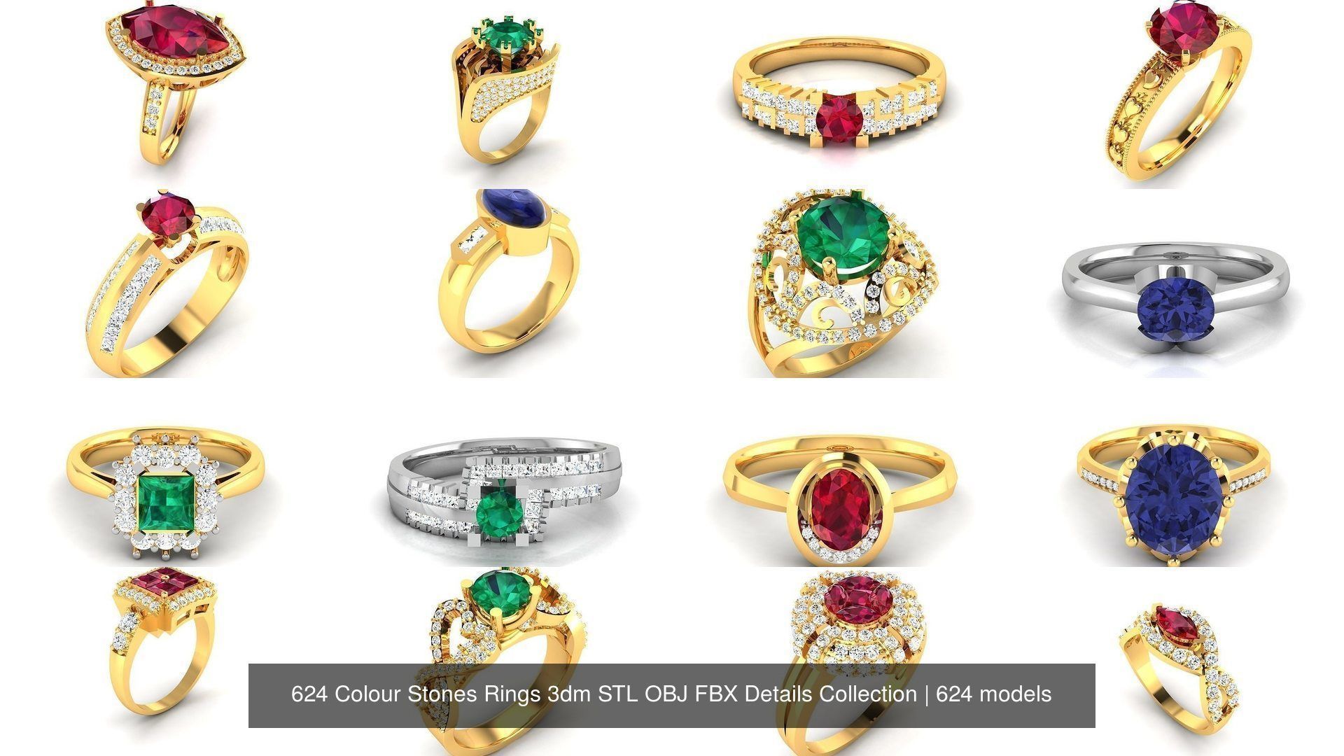 624 Colour Stones Rings 3dm STL OBJ FBX Details Collection _123