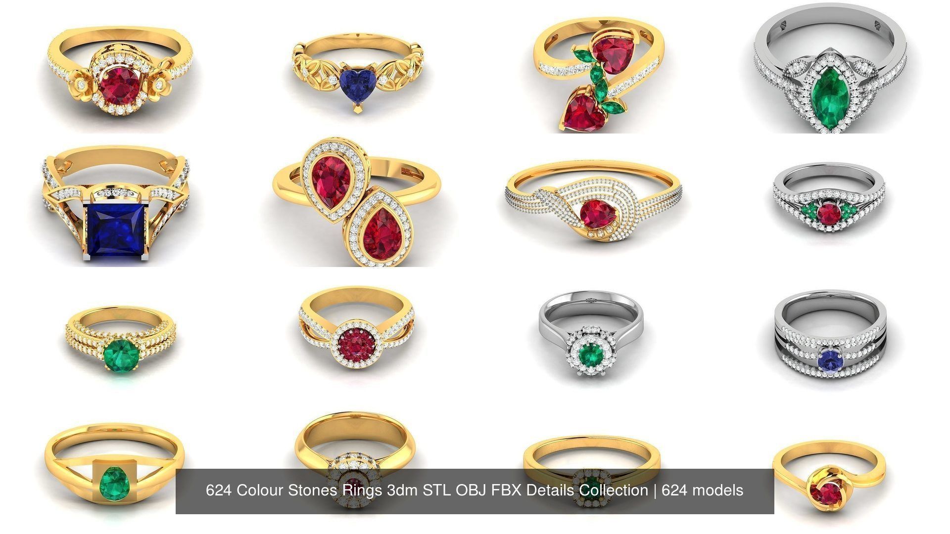 624 Colour Stones Rings 3dm STL OBJ FBX Details Collection _4