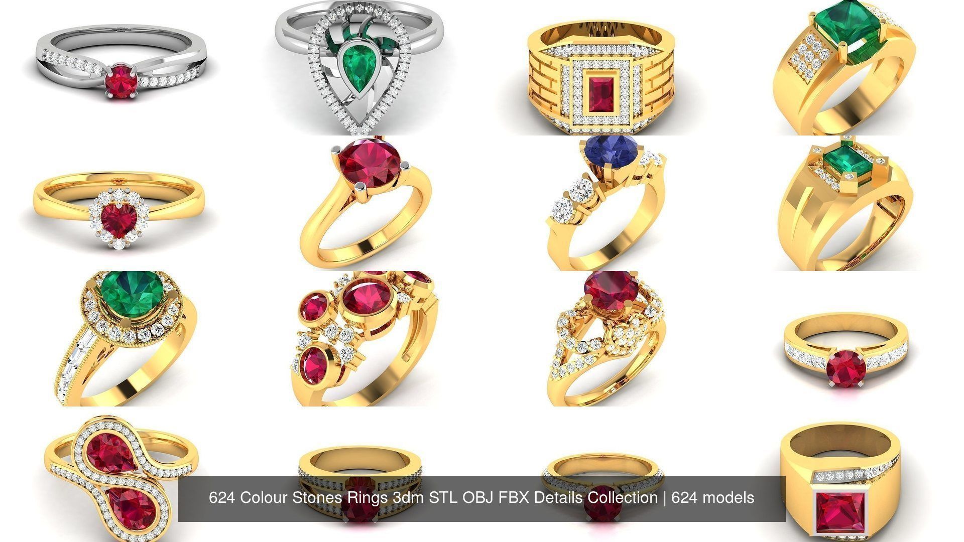 624 Colour Stones Rings 3dm STL OBJ FBX Details Collection _52