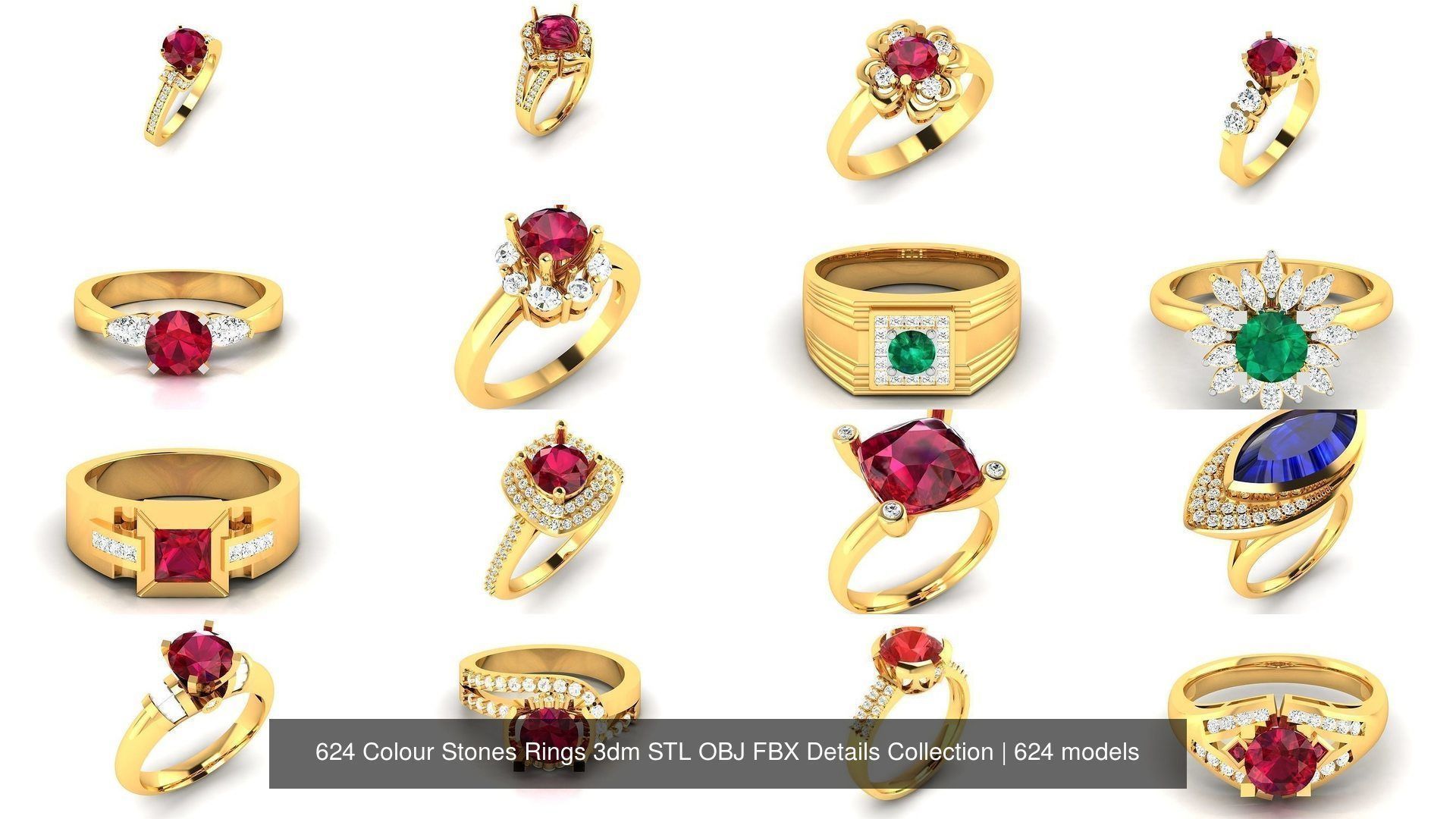 624 Colour Stones Rings 3dm STL OBJ FBX Details Collection _84