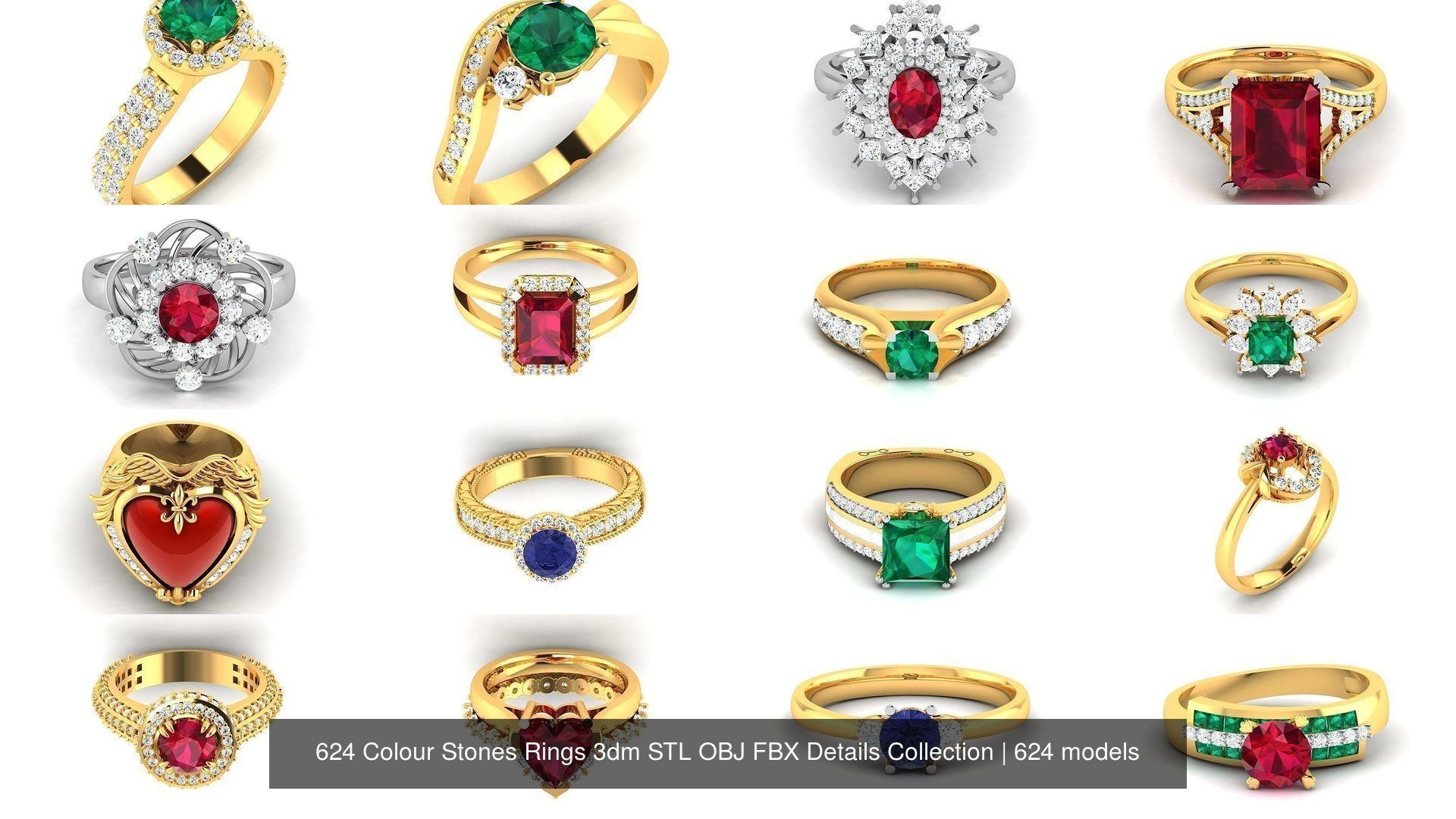 624 Colour Stones Rings 3dm STL OBJ FBX Details Collection _48