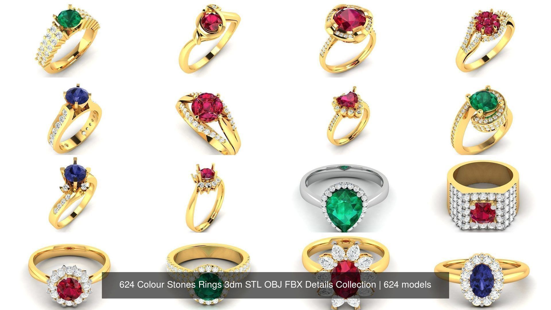 624 Colour Stones Rings 3dm STL OBJ FBX Details Collection _73