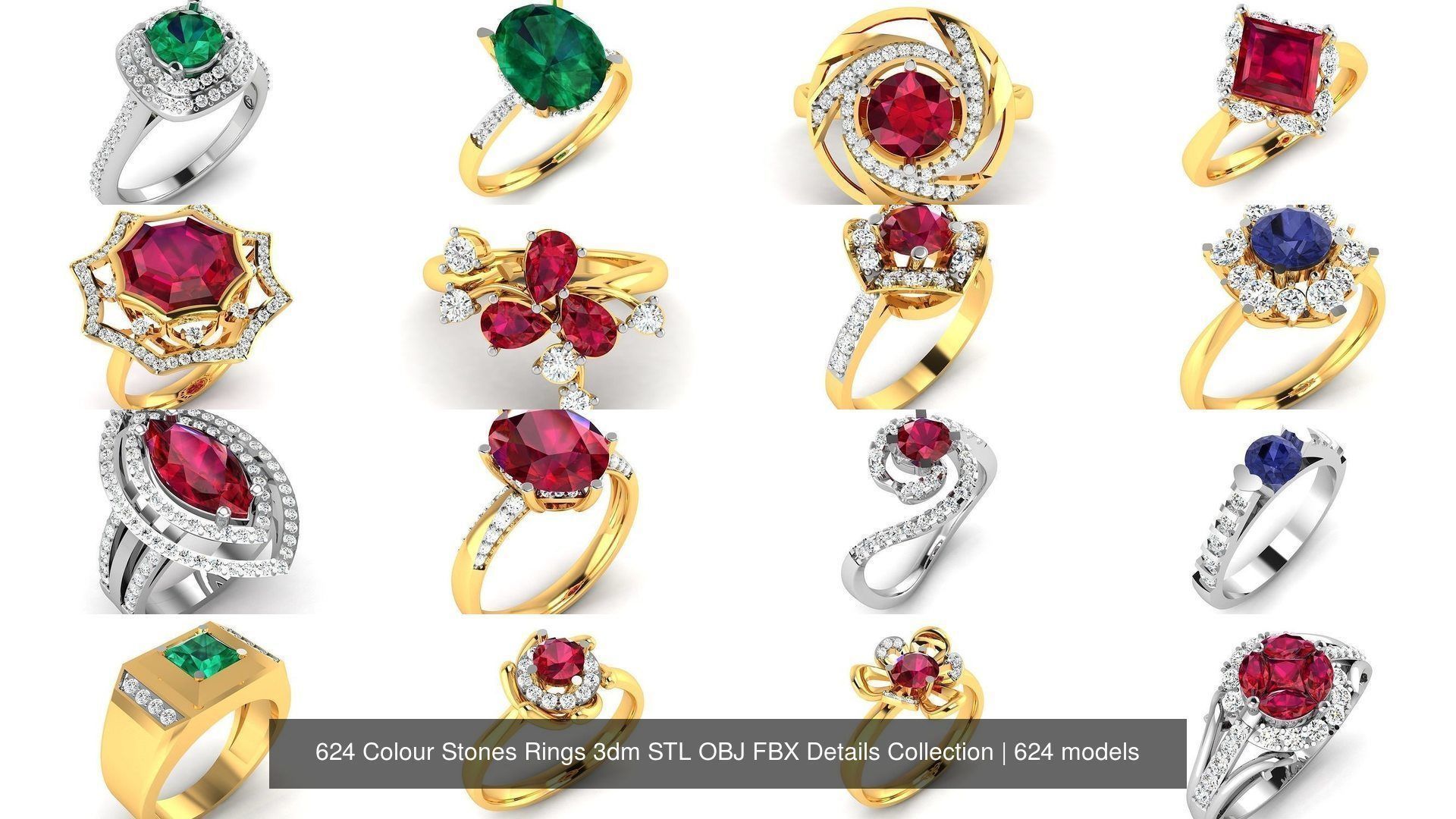 624 Colour Stones Rings 3dm STL OBJ FBX Details Collection _138