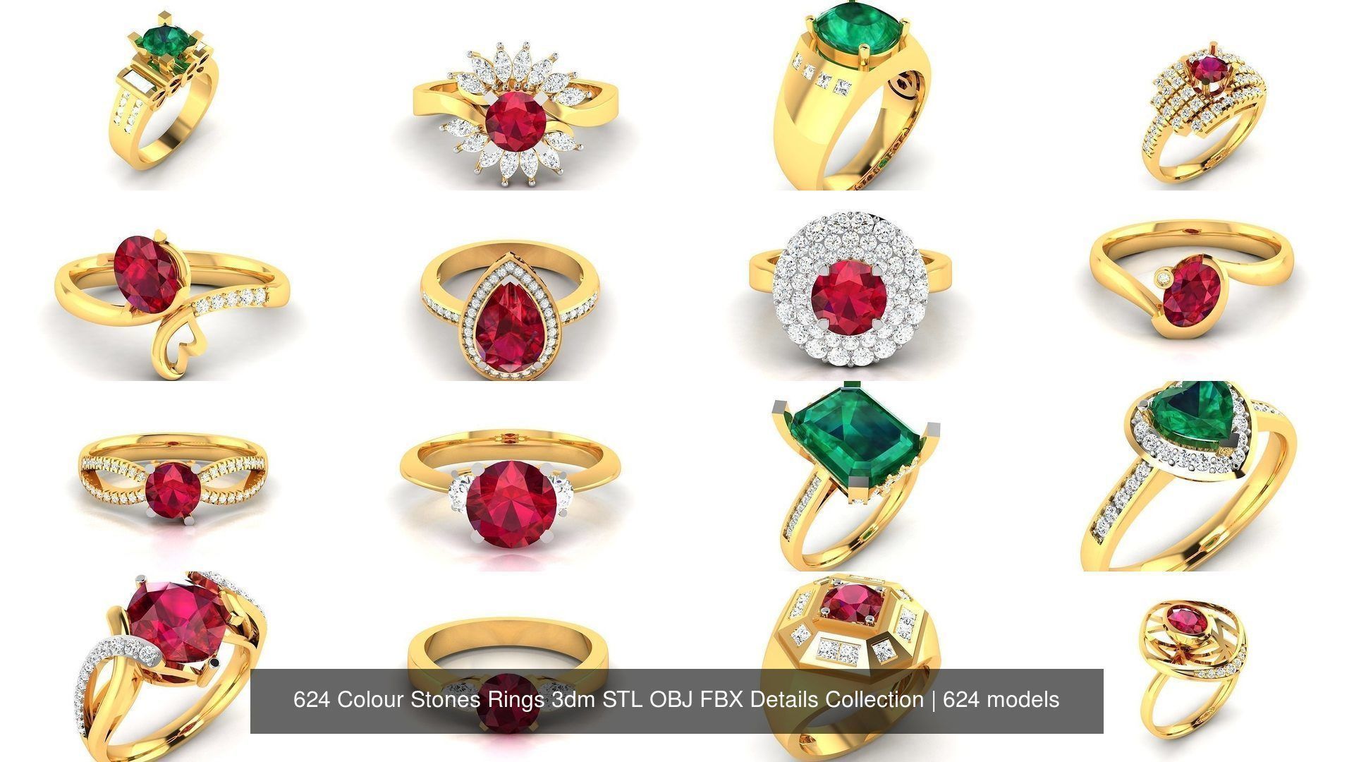 624 Colour Stones Rings 3dm STL OBJ FBX Details Collection _58