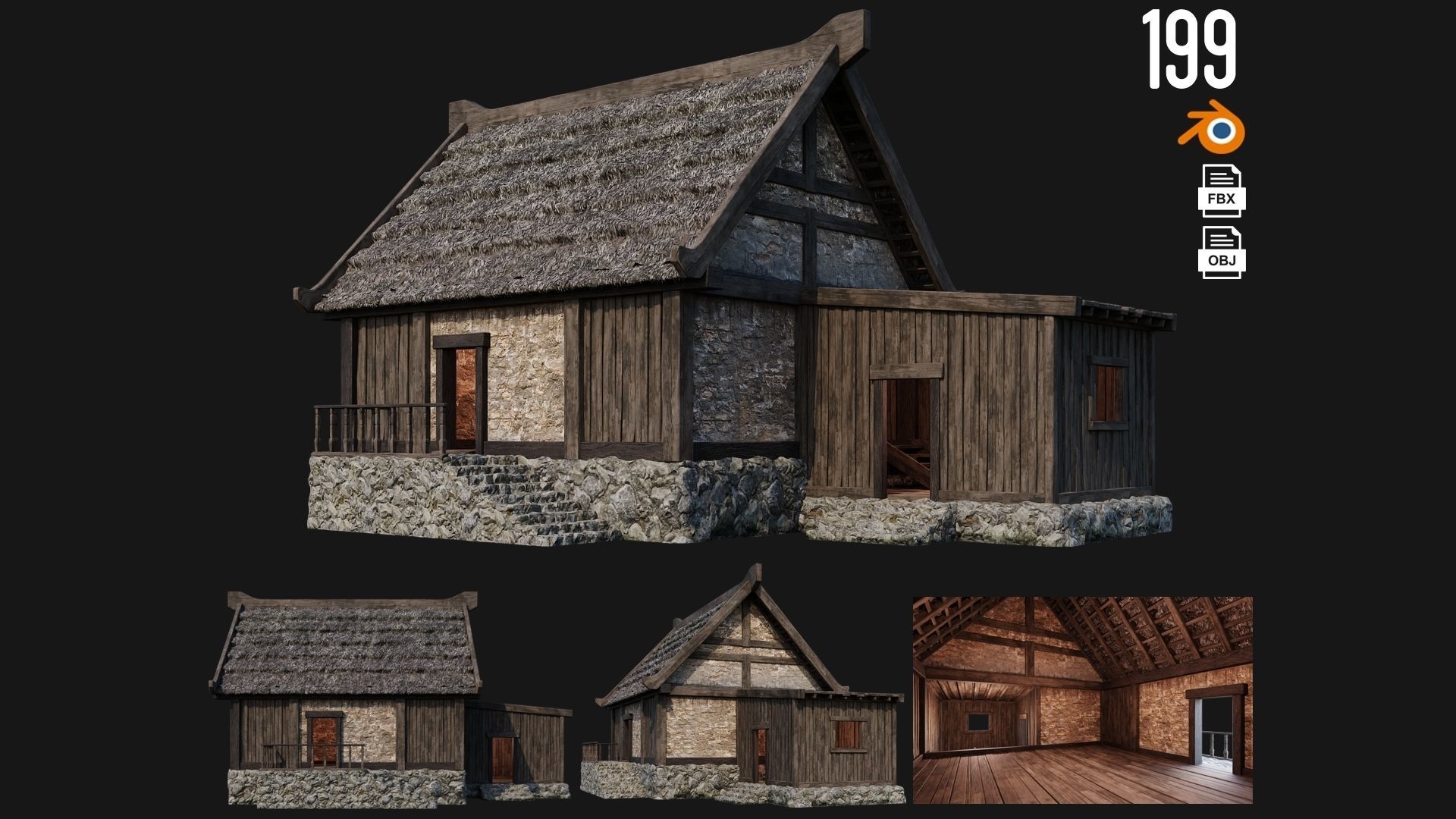 4 Old House Building Pack 4K Textures GameReady 197 to 200 Low-poly 3D model_3