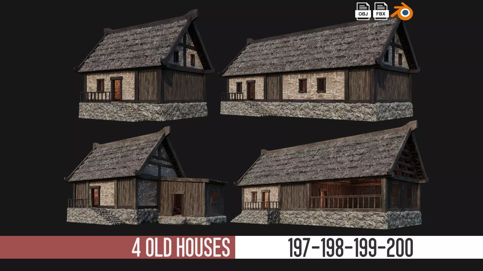 4 Old House Building Pack 4K Textures GameReady 197 to 200 Low-poly 3D model_0