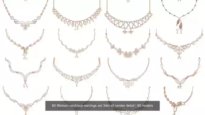 80 Women necklace-earrings set 3dm stl render detail 3D Model Collection