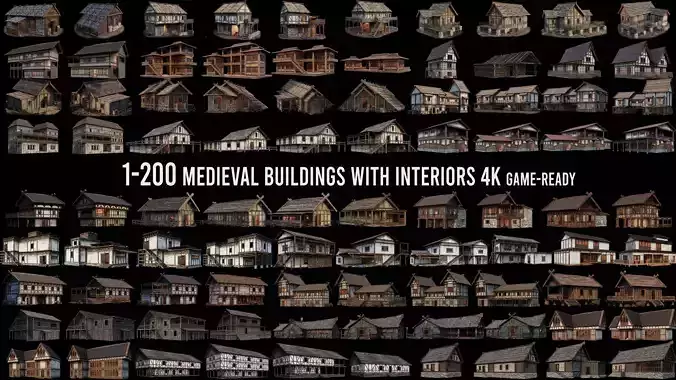 1 - 200 OLD MEDIEVAL HOUSES BUILDINGS PACK 4K GameReady 3D Model Collection