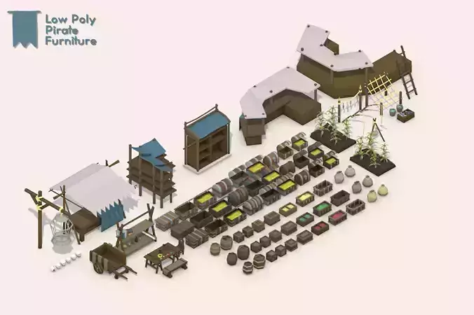 Low Poly Pirate House Fittings - Furniture Asset Pack Low-poly 3D model
