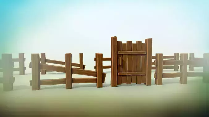 Stylized wooden fence of 10 sections PBR game ready Low-poly 3D model