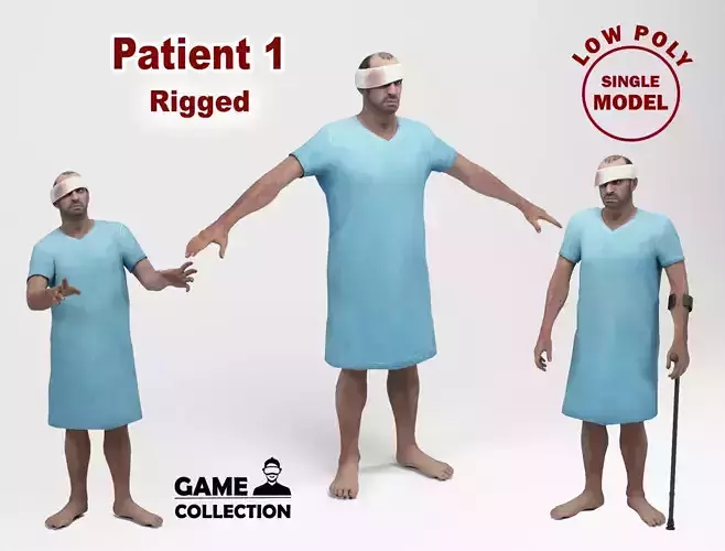 Patient 1 man with crutch and cane Low-poly 3D model