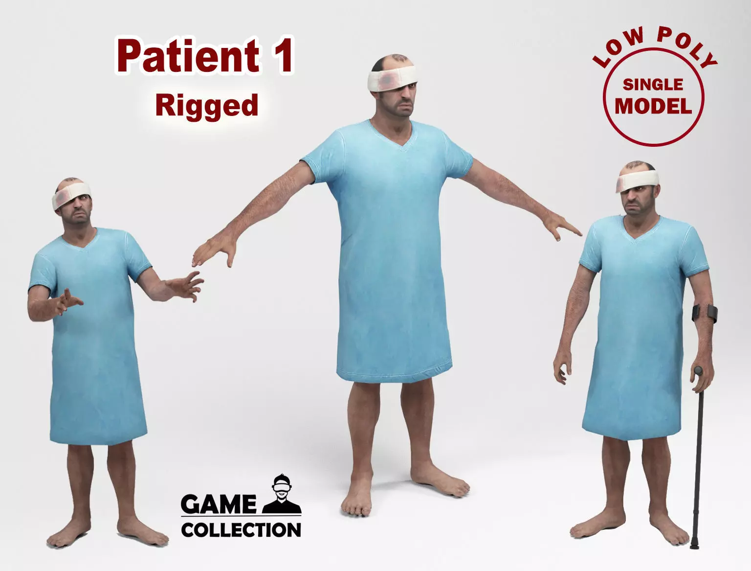 Patient 1 man with crutch and cane Low-poly 3D model_0