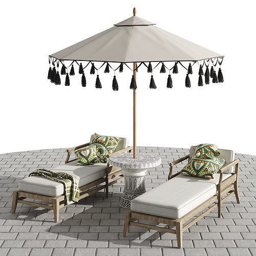 Beach umbrella and chaise longue set 3 3D model