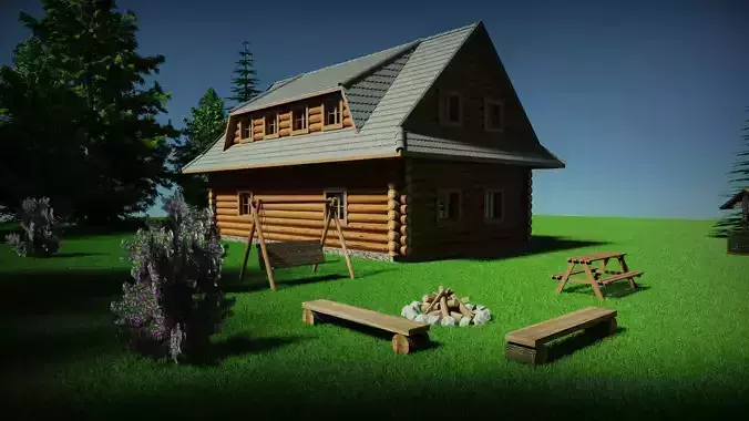 Log house in forest with enviroment and interior
