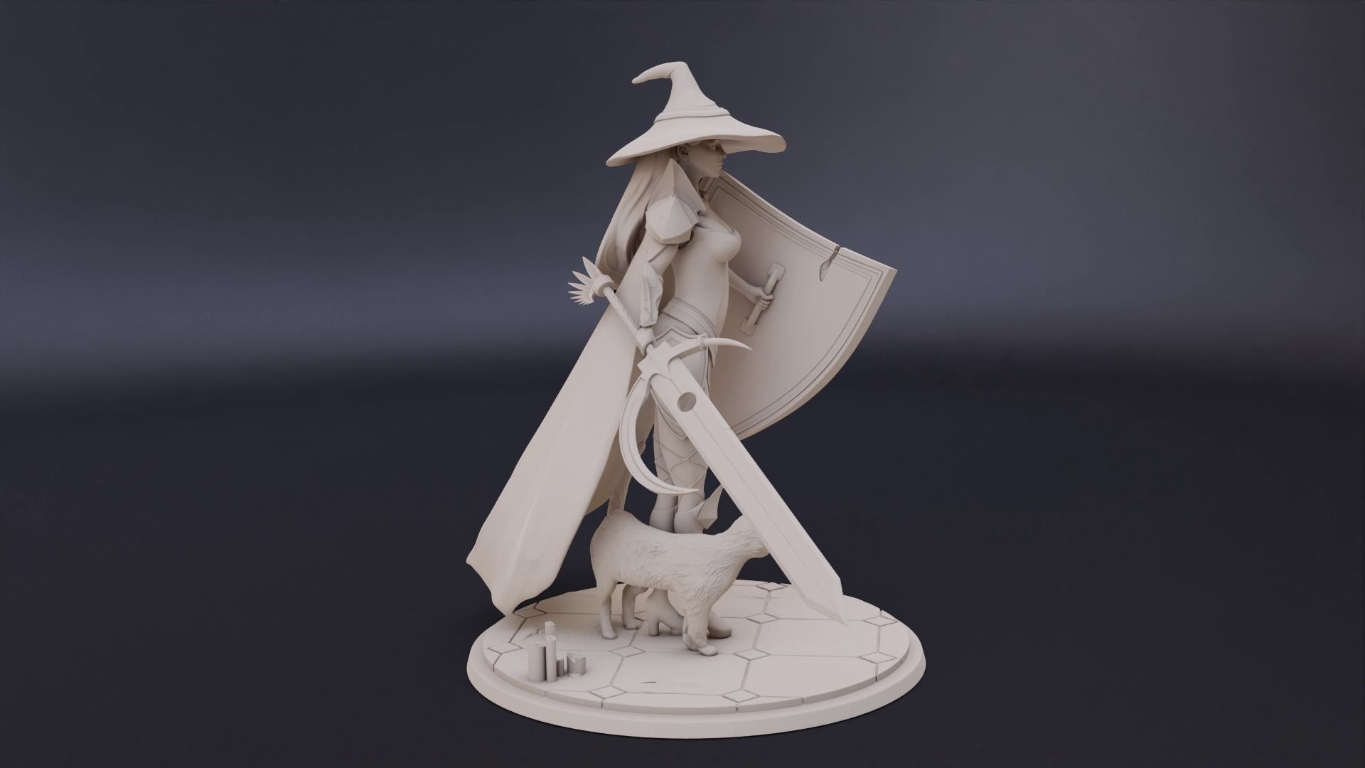 Warrior witch with her cat fighting with sword and shield 3D print model_5