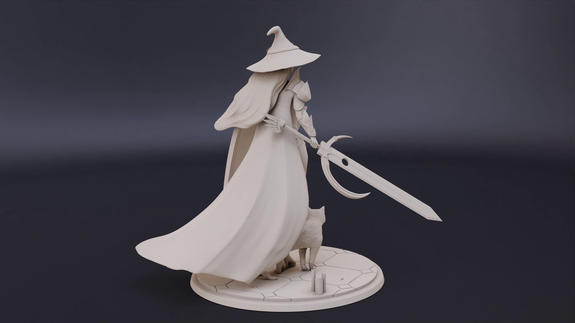 Warrior witch with her cat fighting with sword and shield 3D print model_4