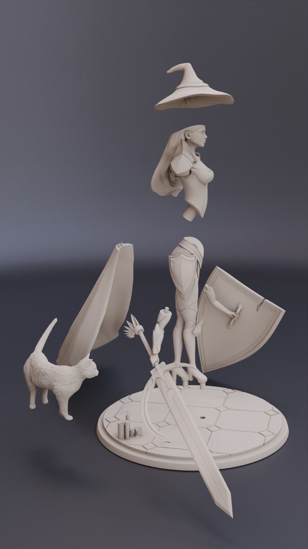 Warrior witch with her cat fighting with sword and shield 3D print model_2