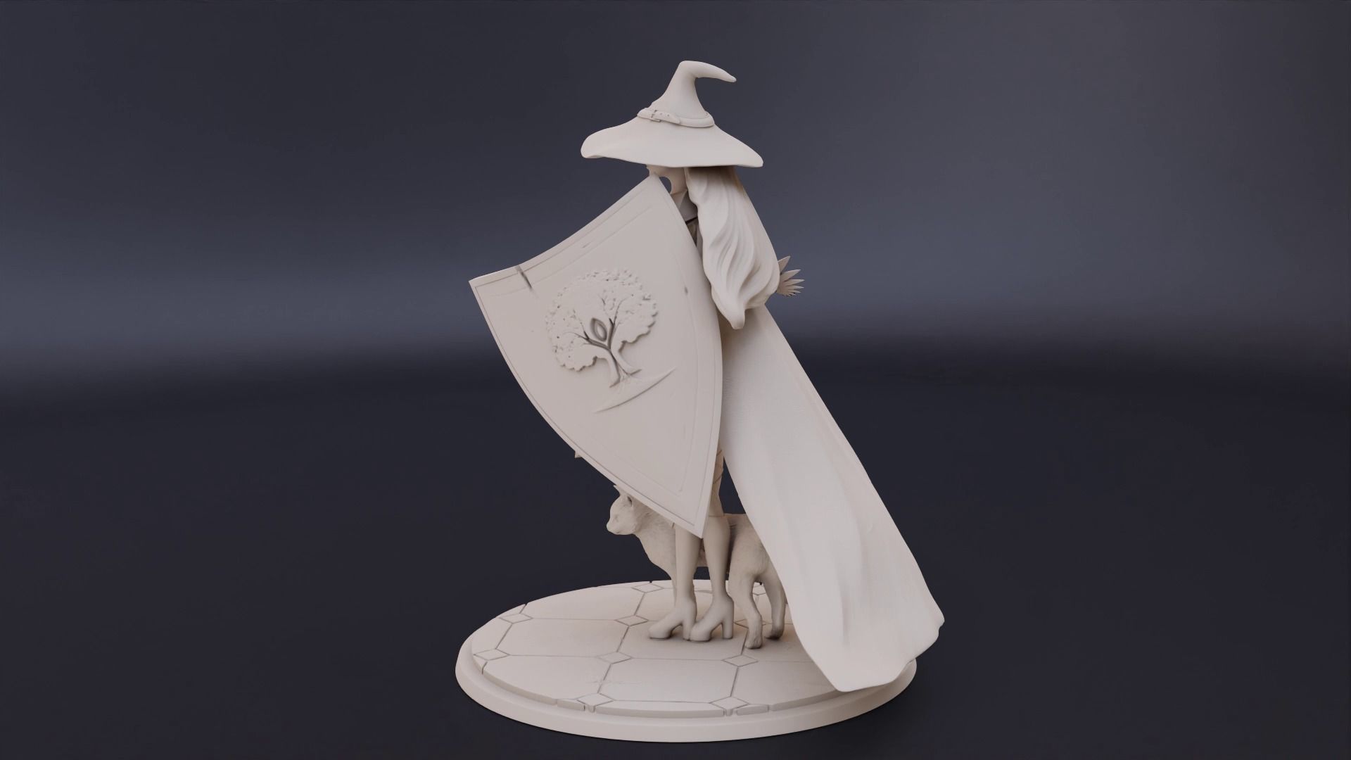 Warrior witch with her cat fighting with sword and shield 3D print model_3