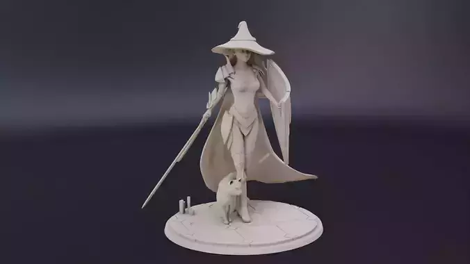 Warrior witch with her cat fighting with sword and shield 3D print model Warrior witch with her cat fighting with sword and shield 3D print model