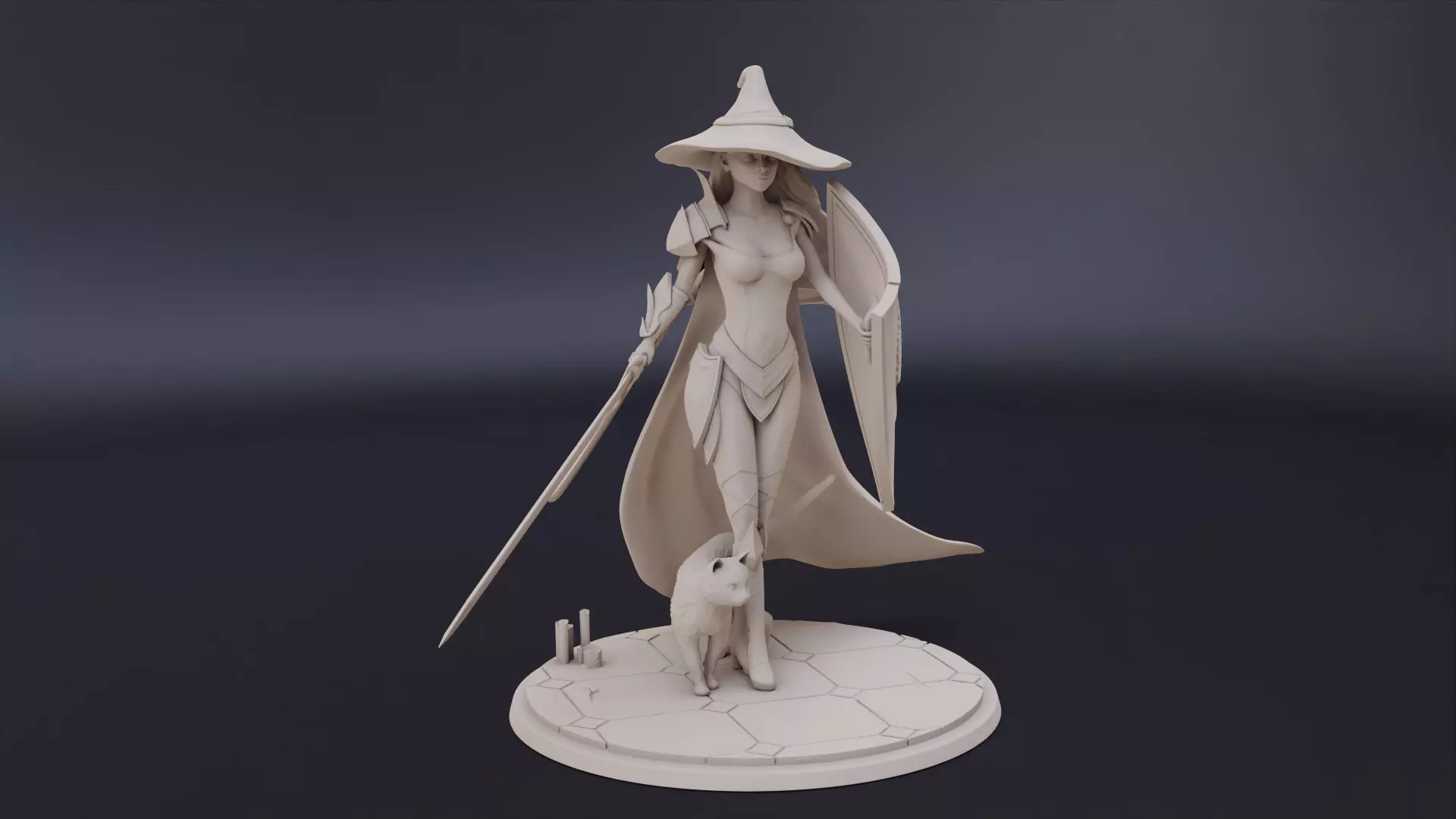 Warrior witch with her cat fighting with sword and shield 3D print model_0