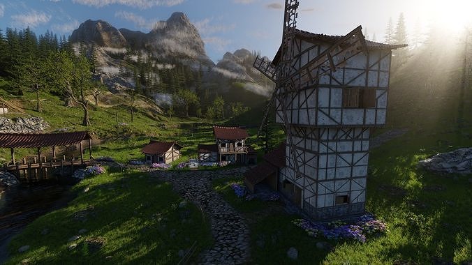 Medieval Village Scene 3D model 3