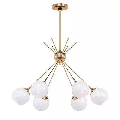 MID-CENTURY six light chandelier in brass with globes