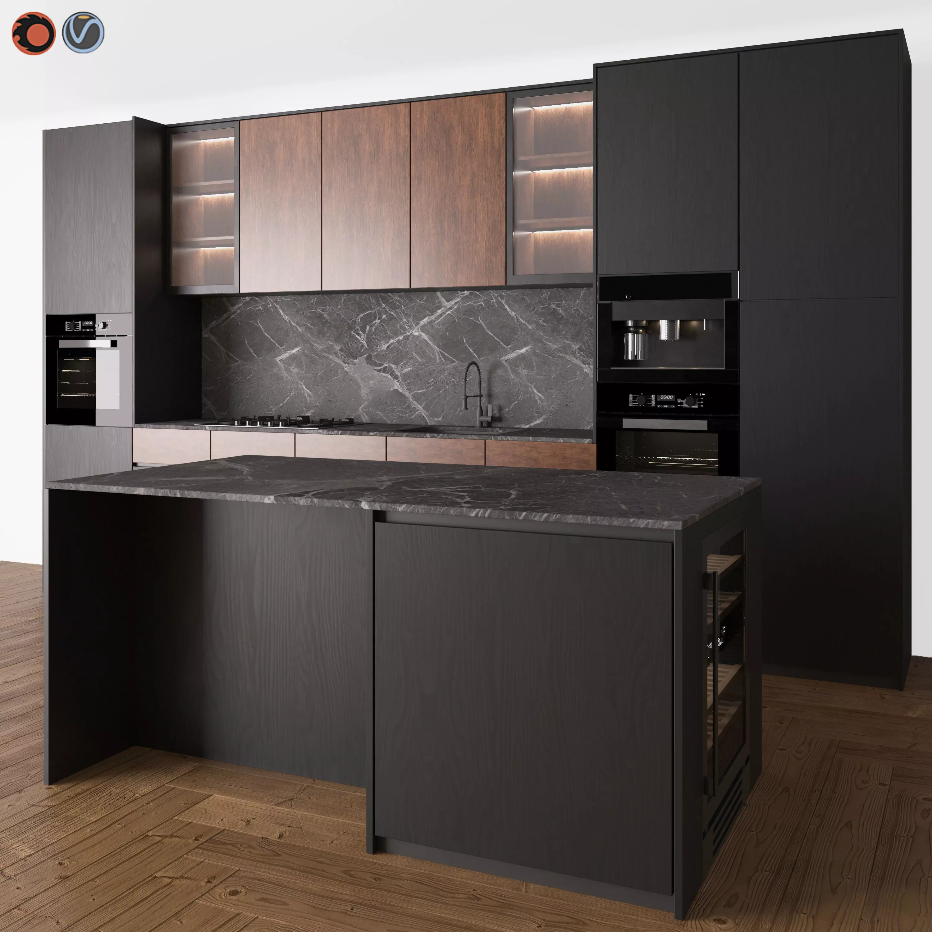 Kitchen Modern 13 Black and Wood 3D model_0