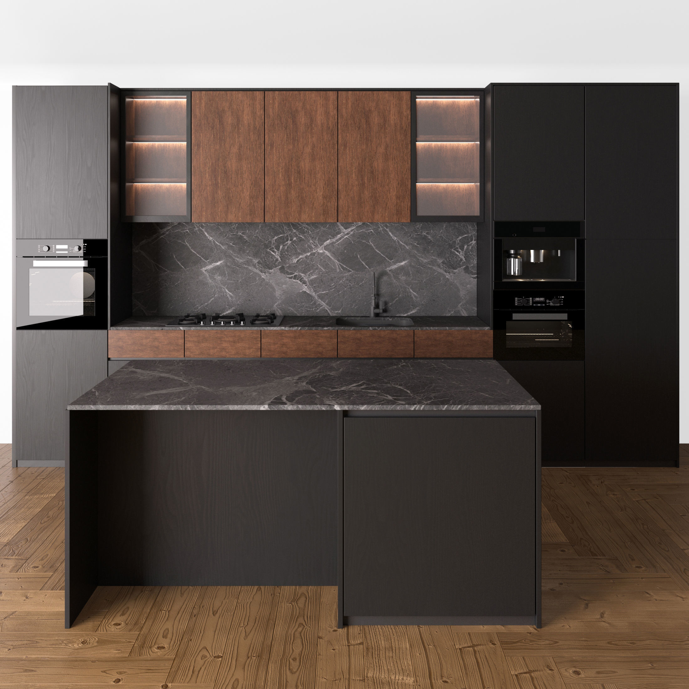 Kitchen Modern 13 Black and Wood 3D model_1