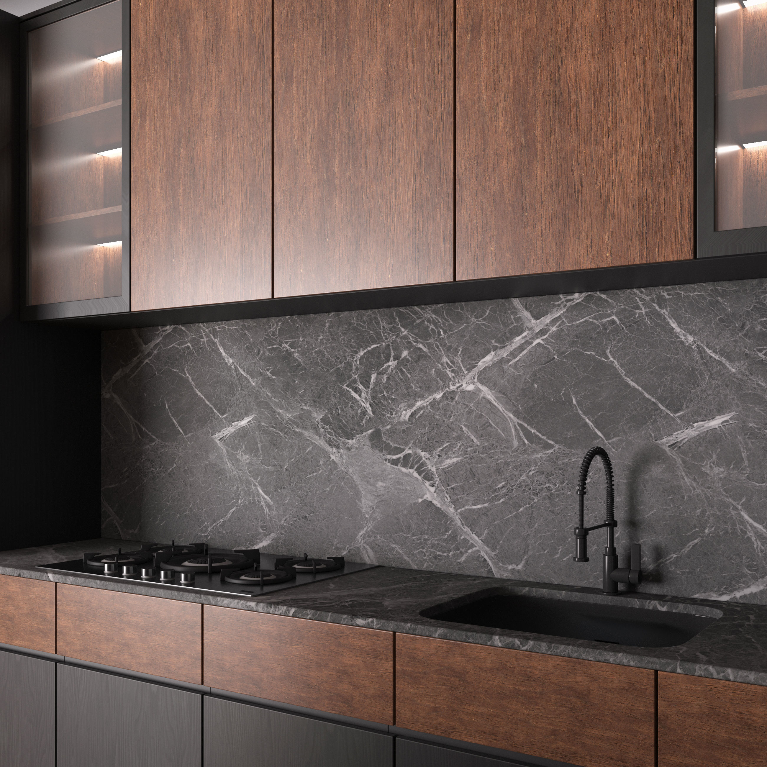 Kitchen Modern 13 Black and Wood 3D model_2