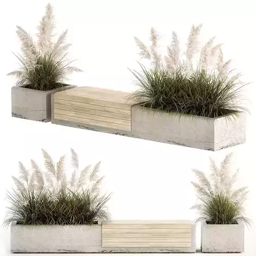 Bench With Flowerpot And Bushes For Outdoor Decor 1144 3D model