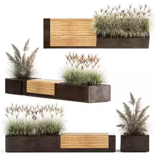 Bench With Flowerpot And Bushes For Outdoor Decor 1143 3D model