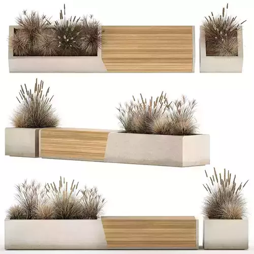 Bench With Flowerpot And Bushes For Outdoor Decor 1142 3D model
