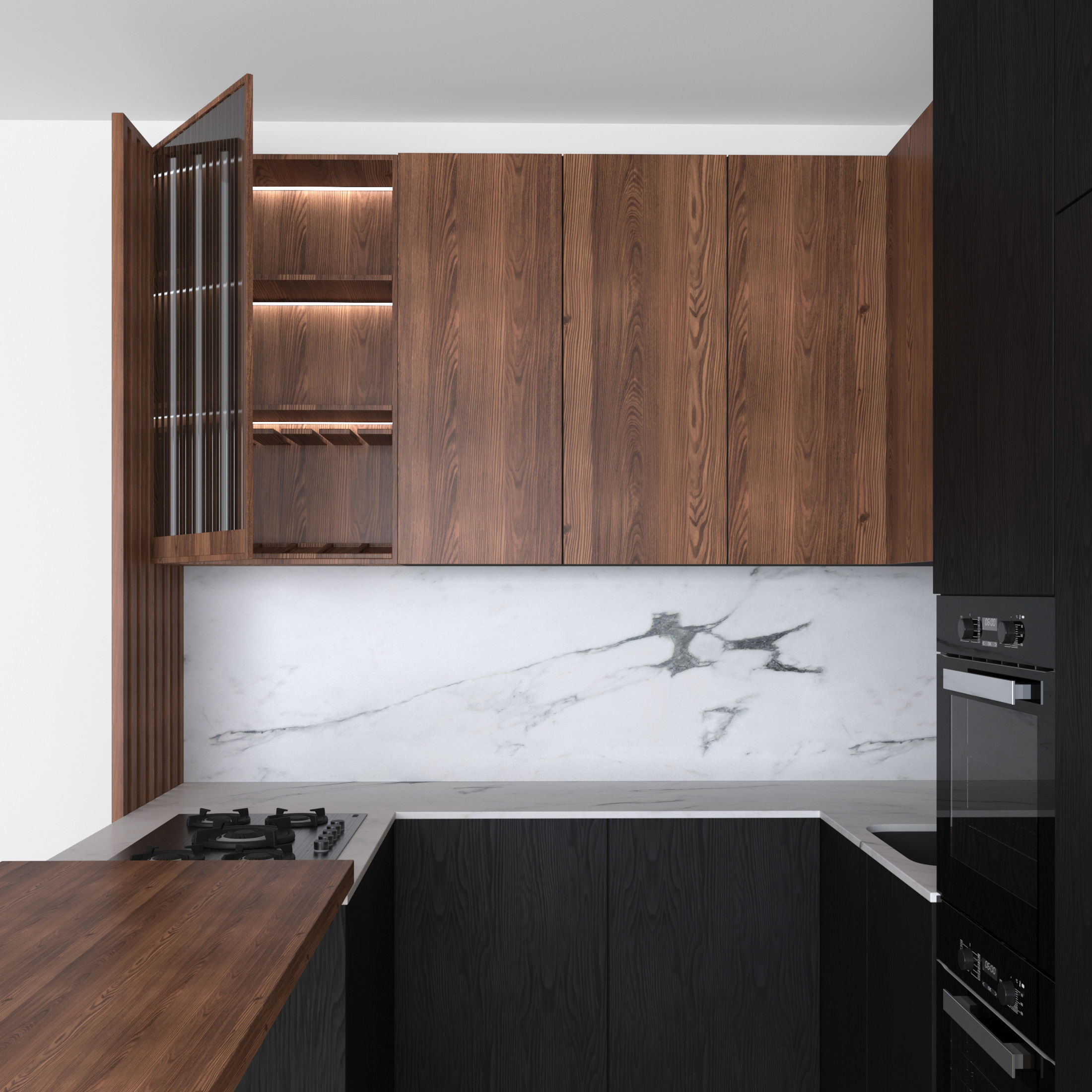 Kitchen Modern 14 Black and Wood 3D model_1