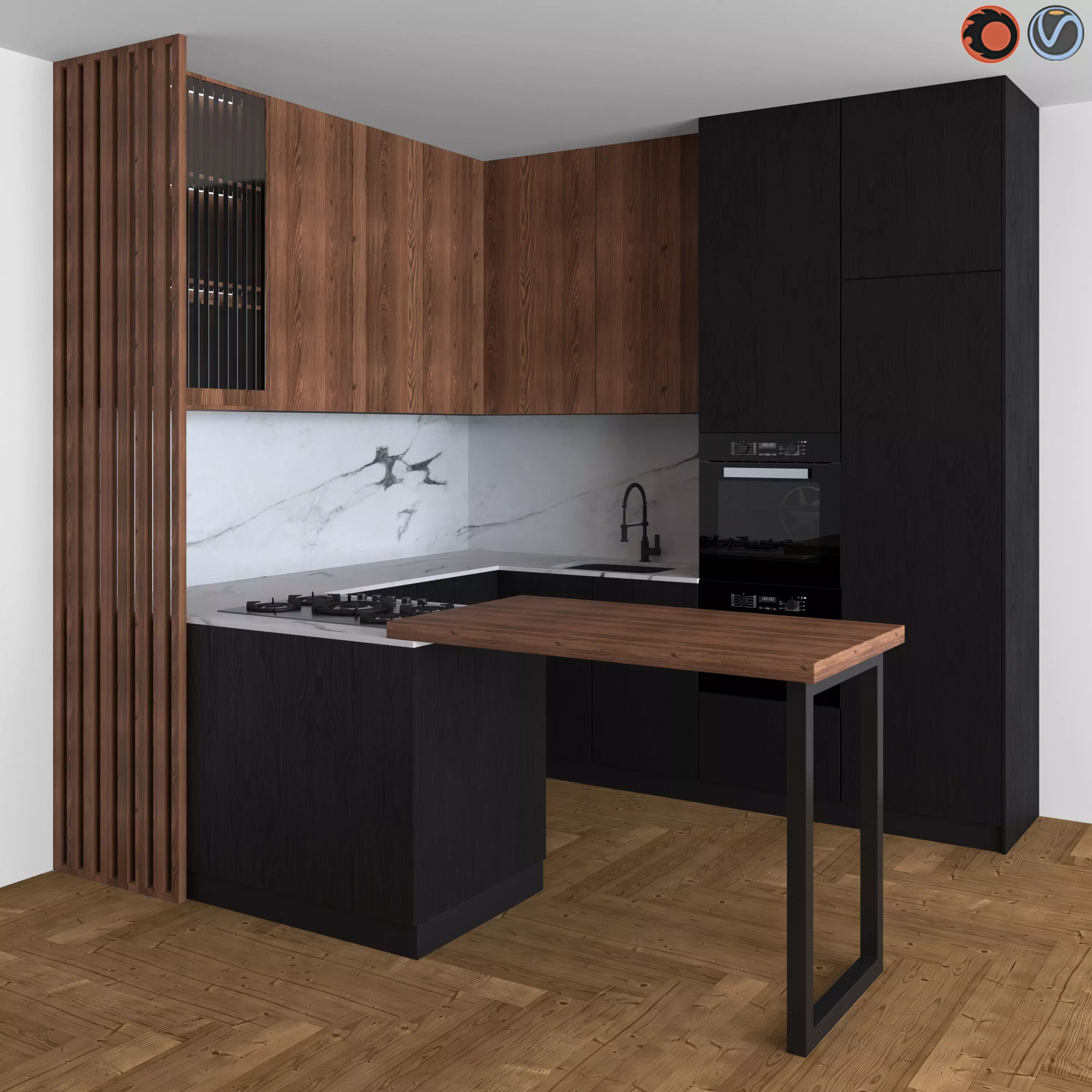 Kitchen Modern 14 Black and Wood 3D model_0