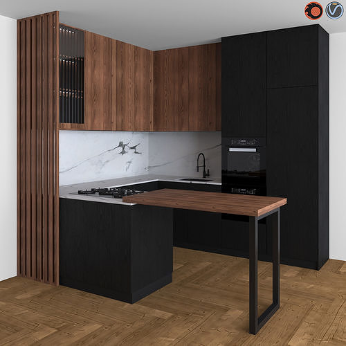Kitchen Modern 14 Black and Wood 3D model