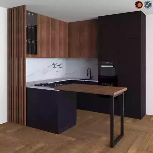 Kitchen Modern 14 Black and Wood 3D model Kitchen Modern 14 Black and Wood 3D model