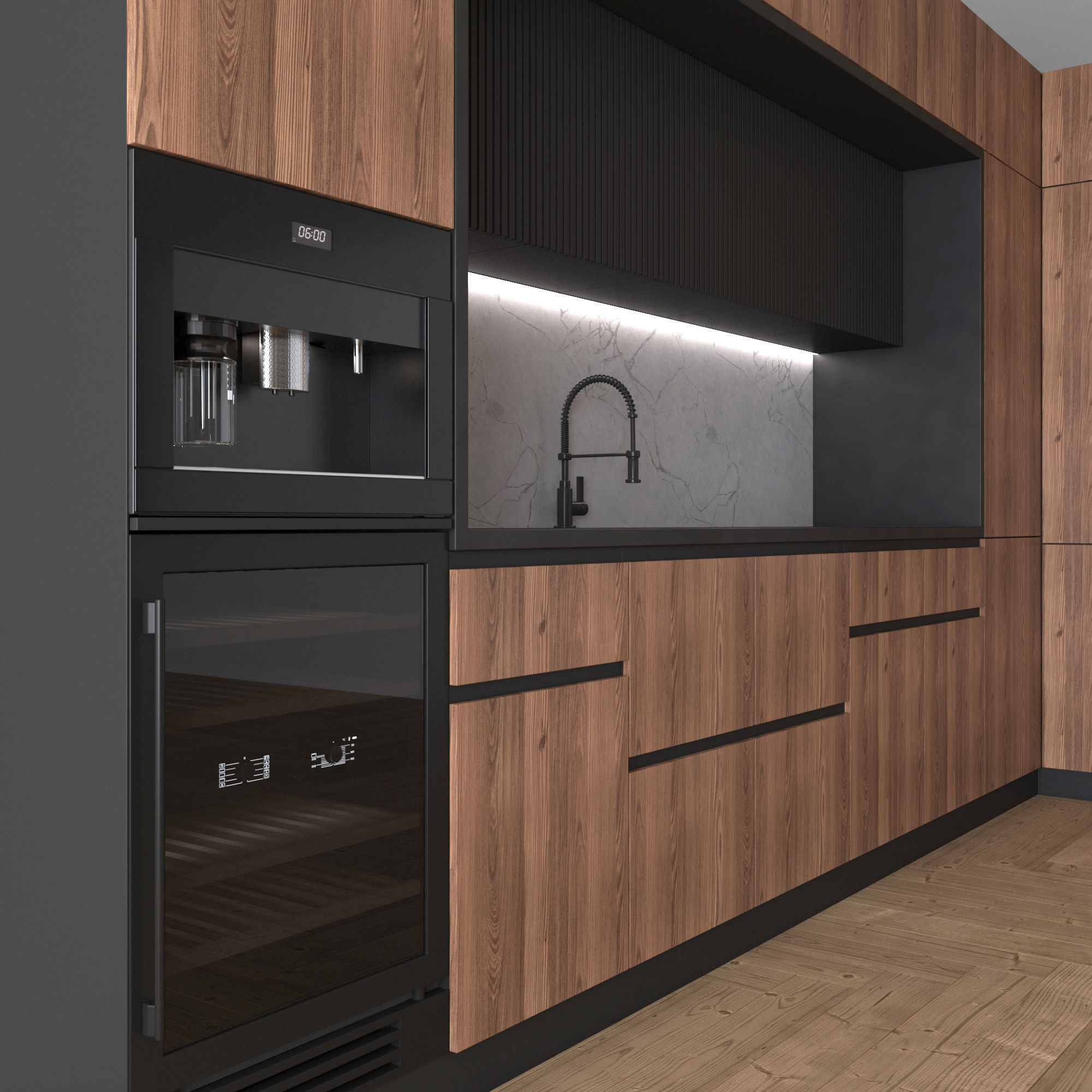 Kitchen Modern 15 Black and Wood 3D model_3