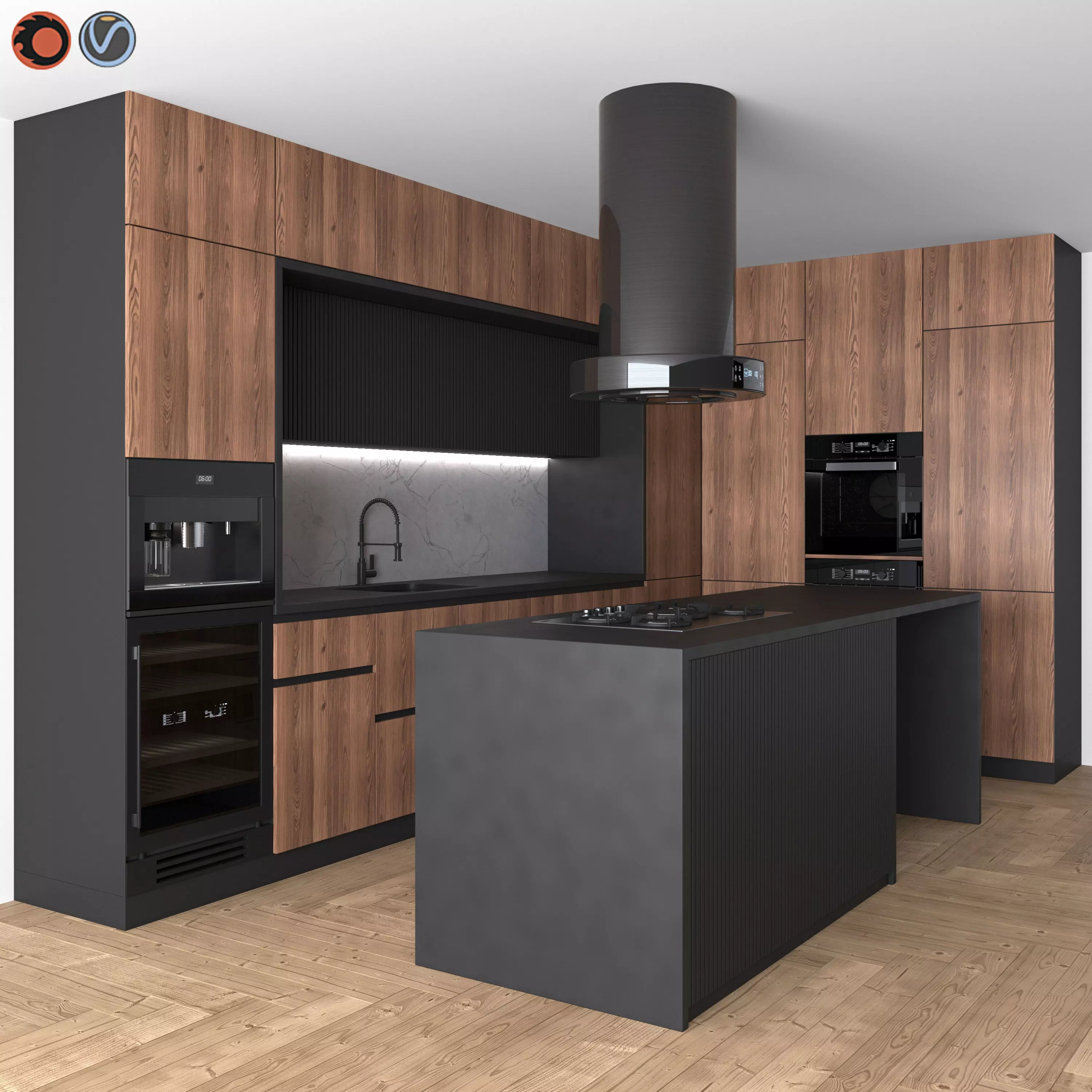 Kitchen Modern 15 Black and Wood 3D model_0