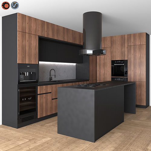 Kitchen Modern 15 Black and Wood 3D model