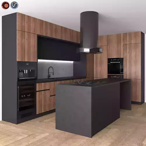 Kitchen Modern 15 Black and Wood 3D model Kitchen Modern 15 Black and Wood 3D model