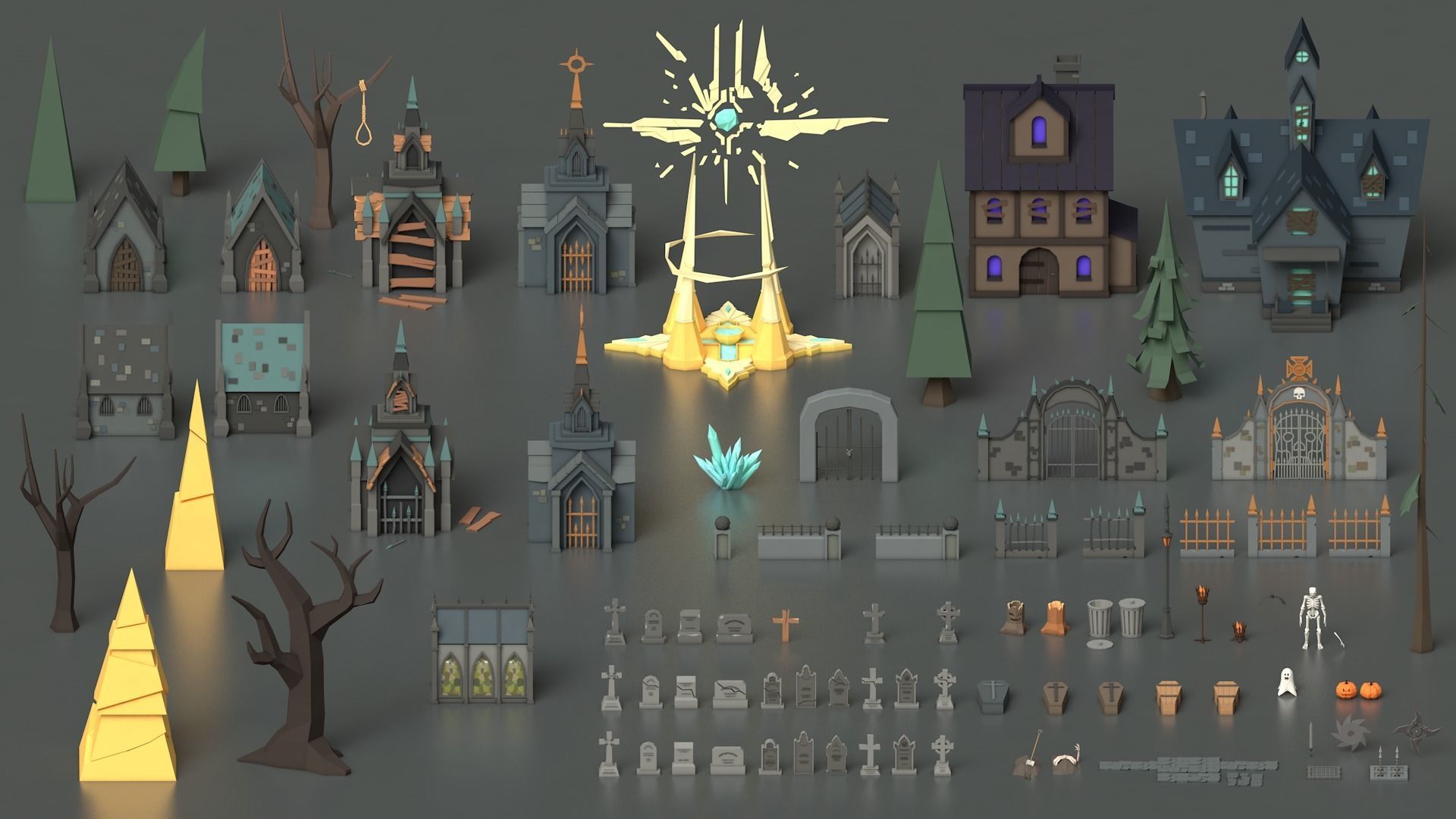 Low Poly Fantasy Scary Creepy Dark Halloween Asset Pack Low-poly 3D model_2