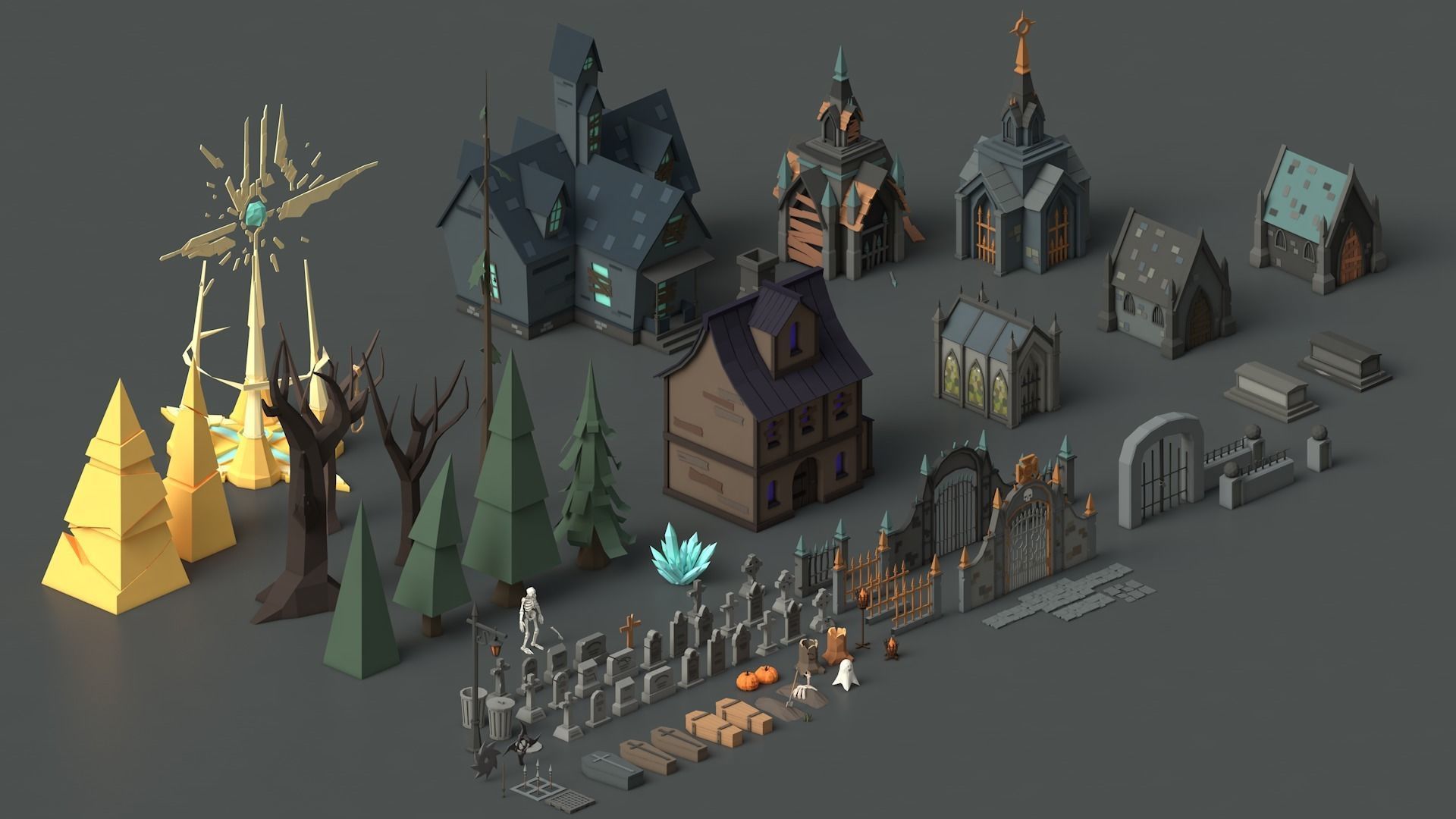 Low Poly Fantasy Scary Creepy Dark Halloween Asset Pack Low-poly 3D model_4